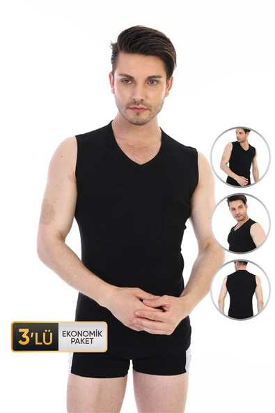 Erkek Ribana V Yaka Kolsuz Siyah Atlet 921 3'lü Ekonomik Paket ürün görseli 1