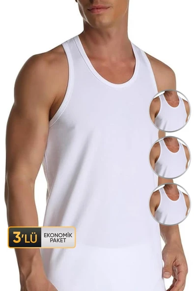 Erkek Elastanlı Spor Beyaz Atlet 916 3'lü Ekonomik Paket