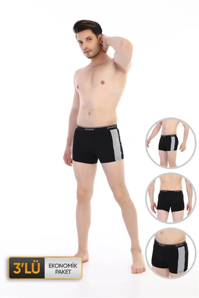 Erkek Elastanlı Biyeli Siyah Boxer 0850 3'lü Ekonomik Paket