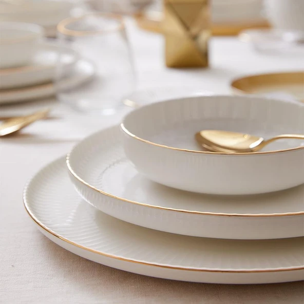 Kütahya Porselen Bone Crest 48 Parça 12 Kişilik Yemek Takımı Altın File - 2