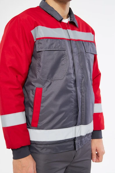 Mervem Kırmızı Robalı Gri Soğuk Hava Montu Su Ve Rüzgar Geçirmez - Resim 3