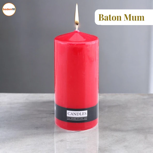 Baton Mum Kırmızı Silindir Dekoratif Mumu Kandil Hediyelik Fitilli Mumlar Şamdan Kokusuz 6 x 13 cm