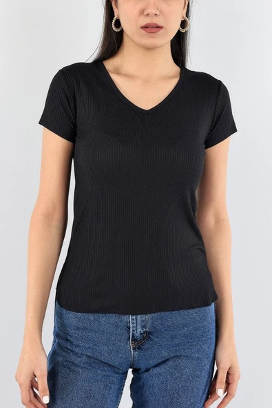 Sevgiyim Kadın Siyah V Yaka Likralı Bayan Tişört - 2