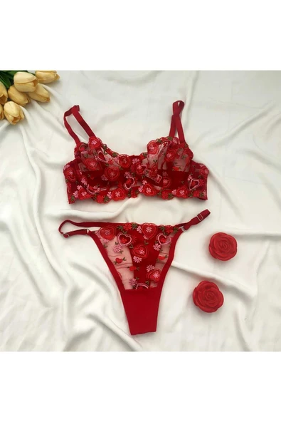 Serzeysoftwears Kırmızı pembe çiçekli destekli şeffaf südyen bralet takımı