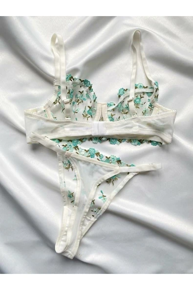 ARONA Ekru Yeşil Çiçek Işlemeli Brode Balenli Tül Sütyen Tanga Iç Çamaşırı Takımı - Lingerie Haven
