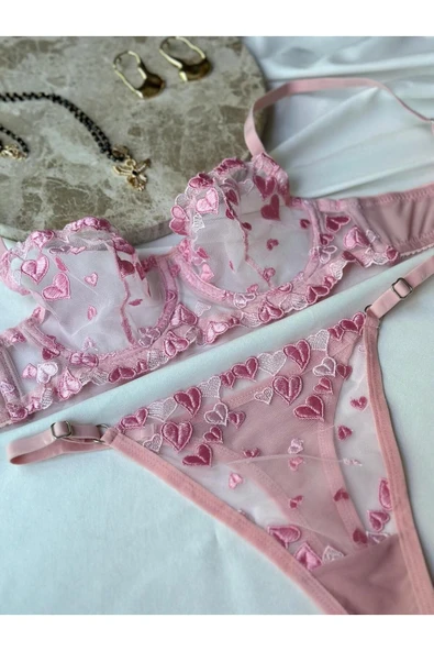 ARONA Pembe Kalpli Brode Sütyen Takımı