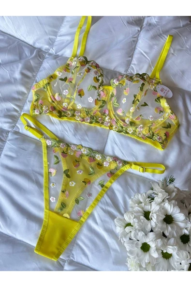 arona lingerie Daisy Dream Çiçek Desenli Romantik Dantel Bralet Takımı - Sarı Bahar Esintili İç Giyim