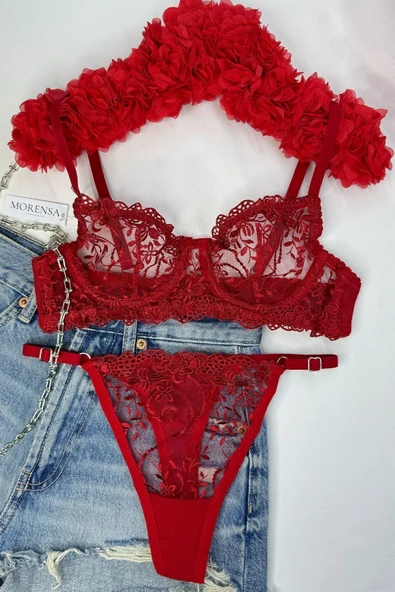 Feta Çiçekli Balenli Sütyen Iç Çamaşır Takım Kırmızı - 3