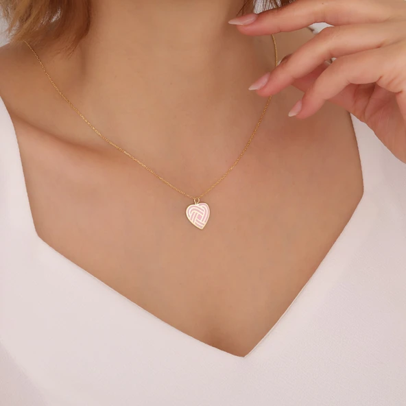 925 Ayar Gümüş Pembe Mineli Spiral Kalp Kolye ürün görseli