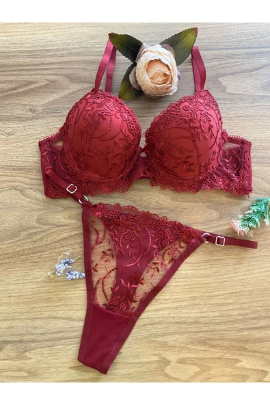 RUYAZ TEKSTİL Dantelli  Destekli Kadın Bordo İç Çamaşır Takım Dolgulu Sütyen Takım ürün görseli