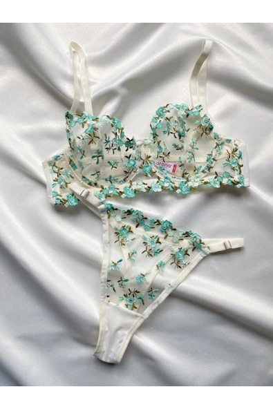 ARONA Ekru Yeşil Çiçek Işlemeli Brode Balenli Tül Sütyen Tanga Iç Çamaşırı Takımı - Lingerie Haven - Resim 2