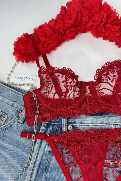 Feta Çiçekli Balenli Sütyen Iç Çamaşır Takım Kırmızı - 2