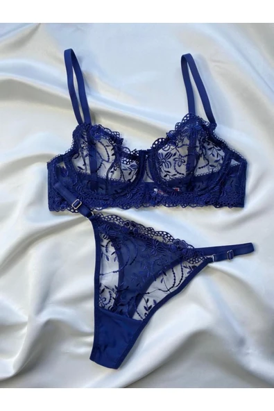 RUYAZ TEKSTİL Dantelli Balenli Kadın Lacivert İç Çamaşır Sütyen Takım - Resim 3