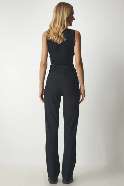 Happiness İstanbul Kadın Siyah Yüksek Bel Rahat Örme Pantolon rv00132 - 5