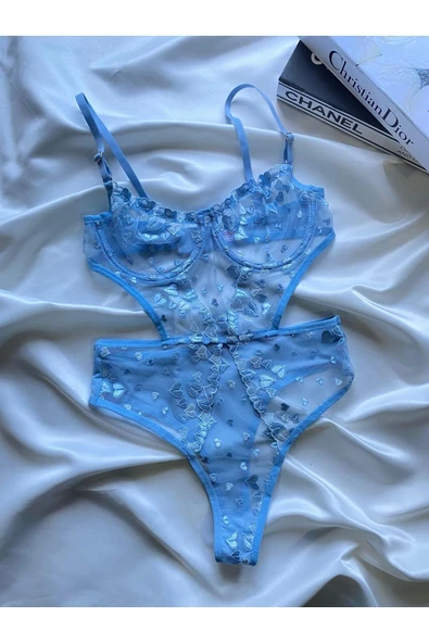 ARONA Transparan Kalp Desenli Mavi Bodysuit