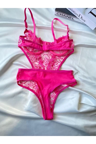 ARONA Çiçek Desenli Dantelli Bodysuit Pembe - 3