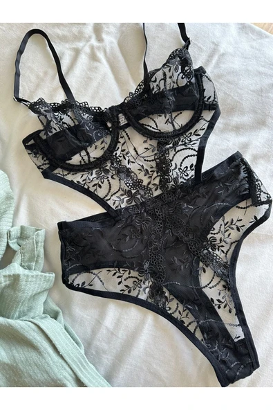 Feta Siyah brode bodysuit - Resim 2