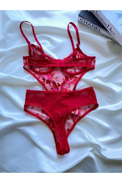 RUYAZ TEKSTİL Kırmızı Kalpli Bodysuit Iç Çamaşır Takımı Yılbaşı Özel - Resim 3