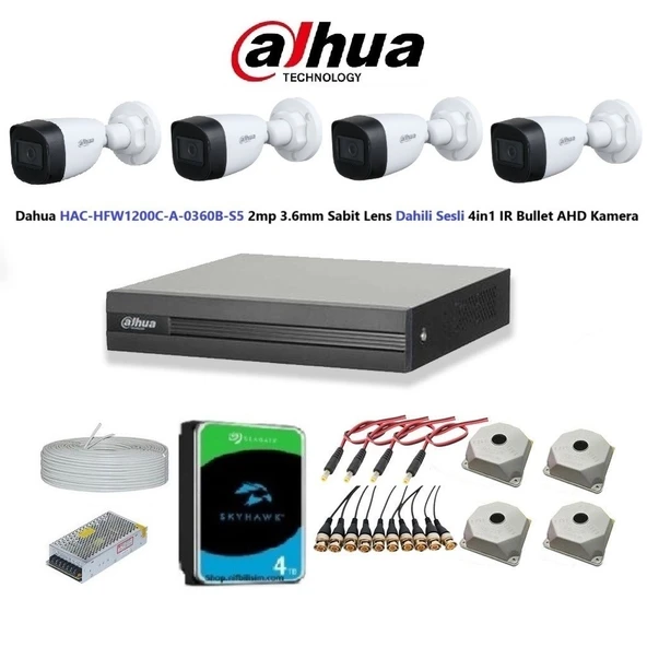 Dahua 2mp 4 kameralı Dış Ortam Dahili Sesli Full Kamera Seti 4TB Disk HAC-HFW1200C-A-0360B ürün görseli 1