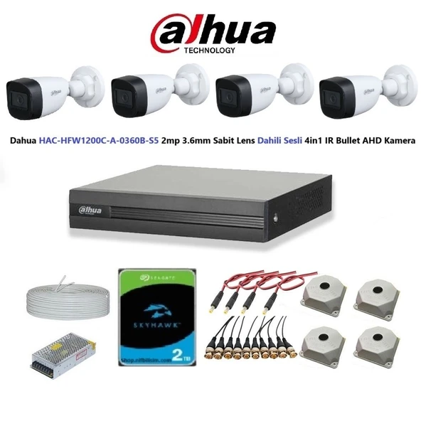 Dahua 2mp 4 kameralı Dış Ortam Dahili Sesli Full Kamera Seti 2TB Disk HAC-HFW1200C-A-0360B ürün görseli 1
