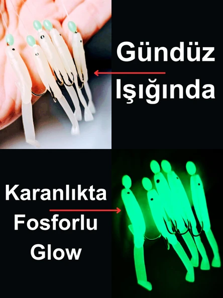 Eagenset Silikon Balıklı Çapari 5 Cm (2 Adet) Silikon At Çek Takımı Şeffaf Yeşil Fosforlu Glow Beden ve Fosforlu Glow Boncuklu ürün görseli 1