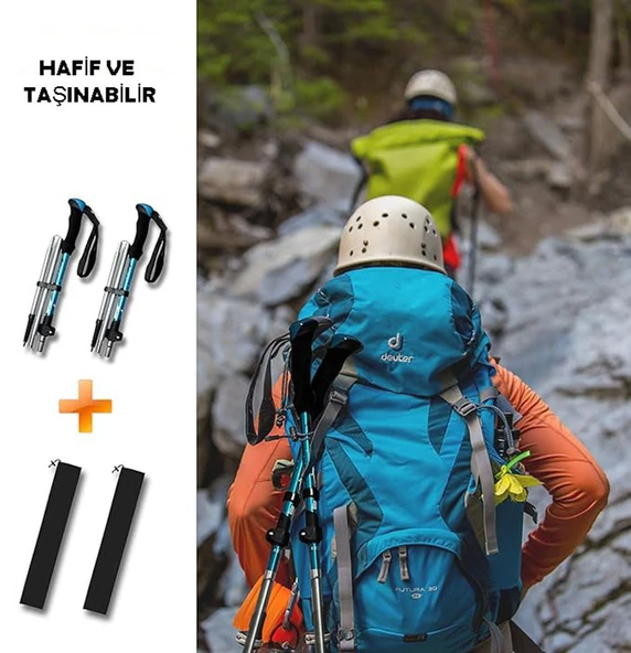 Monozone 2Li Katlanabilir Yürüyüş Batonu Kayak Batonu Hafif  Alüminyum Trekking Tırmanma Baston Kamp - 4