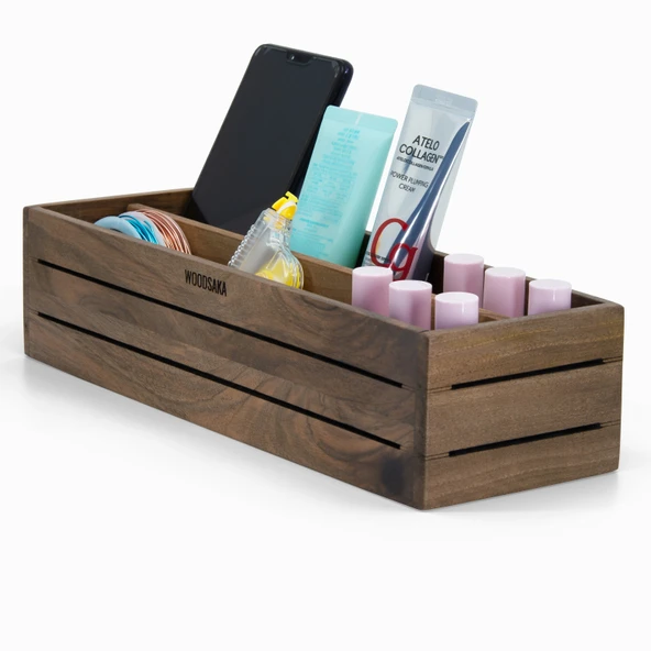 Woodsaka 3Line Yatay Saklama Kutusu & İki Bölümlü Kırtasiye ve Aksesuar Organizer - Ceviz Ağacından ürün görseli 1