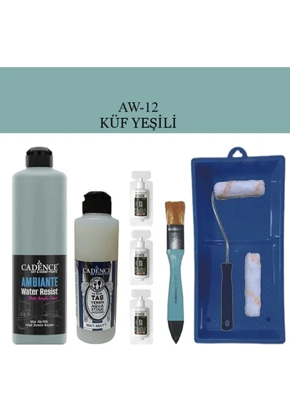Cadence Boya Fayans Tezgah B-Ambiente Islak Zemin Aw-12 Küfyeşil 500Ml Katalizör 30Gr MAT Taş Vernik 250 Saten Rulo Set - 1