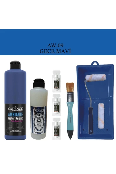 Cadence Boya Fayans Tezgah B-Ambiente Islak Zemin Aw-09 Gece Mavisi 500Ml Katalizör 30Gr Taş Vernik 250 Saten Rulo Set - 1