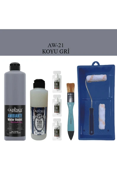 Cadence Boya Fayans Tezgah B-Ambiente Islak Zemin Aw-21 Koyu Gri 500Ml Katalizör 30Gr MAT Taş Vernik 250 Saten Rulo Set ürün görseli 1