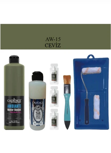 Cadence Boya Fayans Tezgah B-Ambiente Islak Zemin Aw-15 Ceviz 500Ml Katalizör 30Gr MAT Taş Vernik 250 Saten Rulo Set - 1