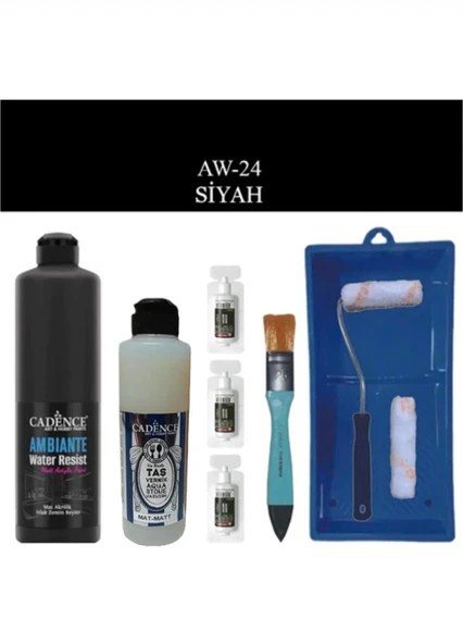 Cadence Boya Fayans Tezgah B-Ambiente Islak Zemin Aw-24 Siyah 500Ml Katalizör 30Gr MAT Taş Vernik 250 Saten Rulo Set ürün görseli 1
