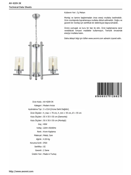 Avonni AV-4209-3K Krom Kaplama Modern Avize - 3