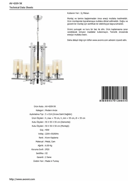 Avonni AV-4209-5K Krom Kaplama Modern Avize  E14 - 2