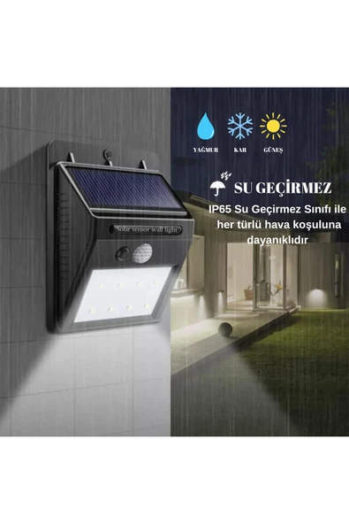 Sensörlü Solar Güneş Enerjili Led Aplik- 15W 6500k Soğuk Beyaz - Sensörlü Solar Güneş Enerjili Led Aplik - Ip65 Su Geçirmez- Bahçe ve Dış Mekan Aydınlatma