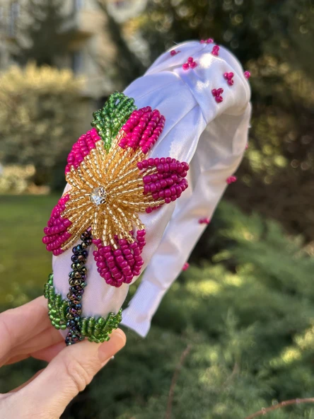 Abiye Nişan Düğün Beyaz Saten Model Hibisküs El İşi Tasarım Taç Kadın Saç - 1