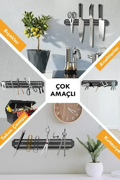 55 cm Duvara Monte Çift Mıknatıslı Bıçak Askısı Kepçe Asma Tutucu Mıknatıs Askılığı Bıçaklık - 5