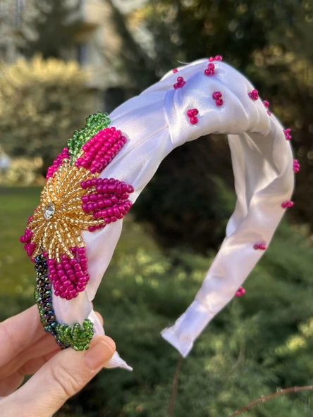 Abiye Nişan Düğün Beyaz Saten Model Hibisküs El İşi Tasarım Taç Kadın Saç - 2