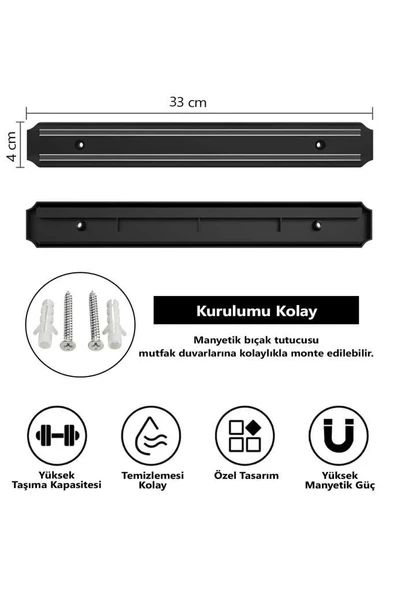 33 cm Duvara Monte Çift Mıknatıslı Bıçak Askısı Kepçe Asma Tutucu Mıknatıs Askılığı Bıçaklık - 3