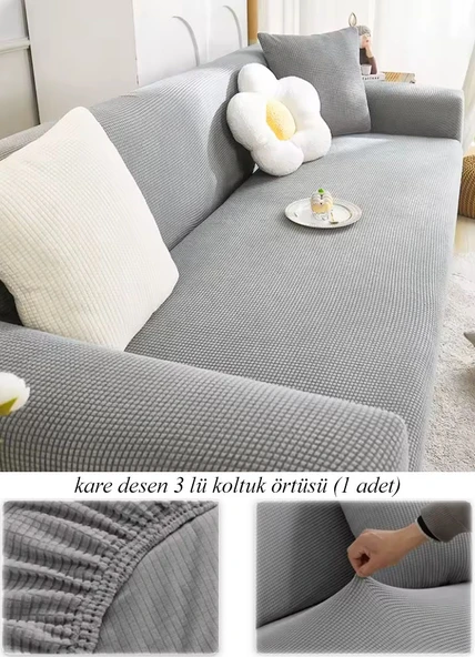 upmall Streç Lastikli Esnek Yikanabilir Kare Desen Berjer Üç Kişilik Koltuk Örtüsü Koltuk Kılıfı (Bir Adet) - 4