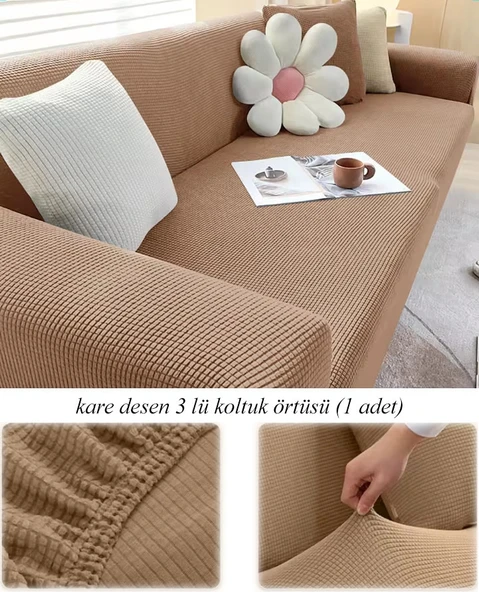 upmall Streç Lastikli Esnek Yikanabilir Kare Desen Berjer Üç Kişilik Koltuk Örtüsü Koltuk Kılıfı (Bir Adet) - 3