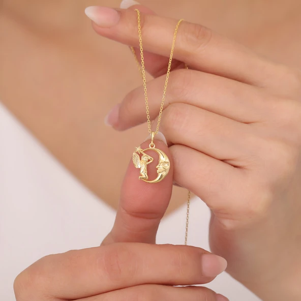 925 Ayar Gümüş Ay ve Melek Kolye ürün görseli 1