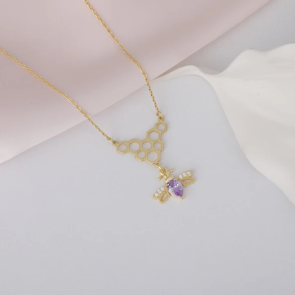 925 Ayar Gümüş Petek ve Sallantılı Taşlı Arı Kolye - Resim 3