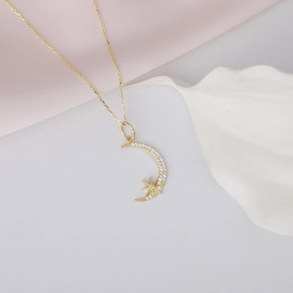 925 Ayar Gümüş Taşlı Ay ve Kutup Yıldızı Kolye - Resim 3