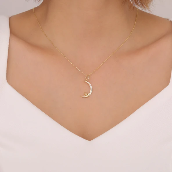 925 Ayar Gümüş Taşlı Ay ve Kutup Yıldızı Kolye - Resim 2