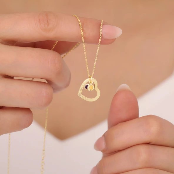 925 Ayar Gümüş İki İsimli ve Taşlı Kalp Kolye - Resim 2