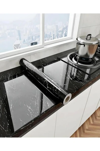 5 Metre Siyah Mermer Desenli Yapışkanlı Kaplama Kağıdı Mutfak Tezgah Raf Masa Dolap Folyo Sticker - 3