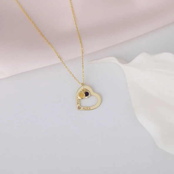 925 Ayar Gümüş İki İsimli ve Taşlı Kalp Kolye ürün görseli