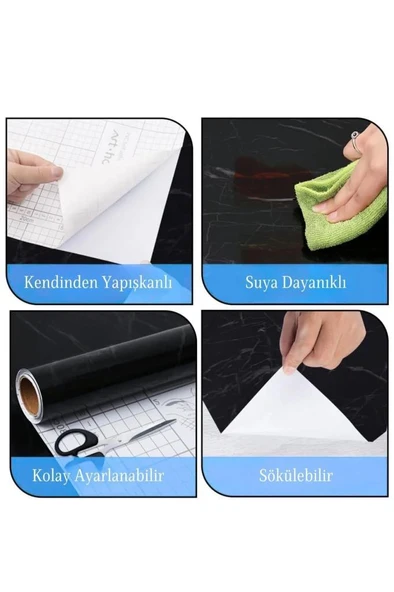 5 Metre Siyah Mermer Desenli Yapışkanlı Kaplama Kağıdı Mutfak Tezgah Raf Masa Dolap Folyo Sticker - 5