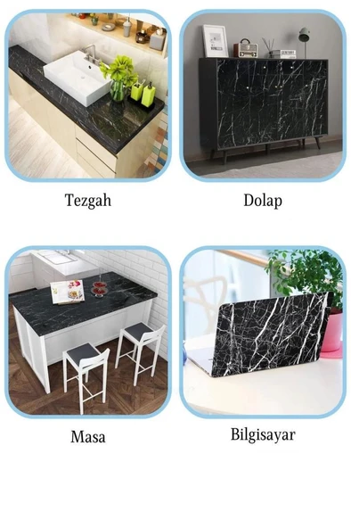 5 Metre Siyah Mermer Desenli Yapışkanlı Kaplama Kağıdı Mutfak Tezgah Raf Masa Dolap Folyo Sticker - 6